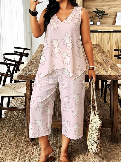 Women's Summer Clothing, Women's Pants Set, Women's Cute Teddy Bear Print Sleeveless V-Neck Top And Cropped Pants Casual 2pcs Loose-Fit Loungewear Set