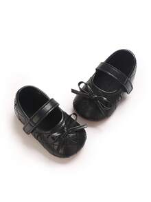 Black Quilted Bow Mary Jane Infant Shoes, Hook And Loop Soft Sole Anti-Slip Pre-Walker Shoes For Newborn Girls, Princess Style Leather Shoes - Black - View 3