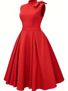 NOU Elegant Lady Style Bow Tie Small Stand Collar Cap Sleeve Short Sleeve A-Line Waist-Defining Mid-Length Dress For Women, Flattering Proportion, - Red - View 8
