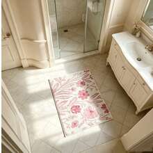 1pc Pink Floral Bathroom Mat, Soft Short Pile 2D Printed Non-Slip Bottom Polyester Carpet 1000g/㎡.M, Suitable For Living Room, Bedroom, Bathroom, Toilet Floor, Cozy Home Decor Small Indoor Decorative Rug - Multicolor - View 8