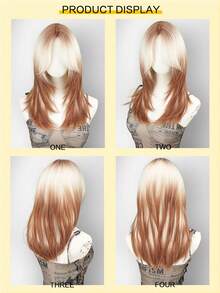 Wig Sintetis 22 Inci Gradasi Cokelat ke Emas, Rambut Lurus Belah Tengah, Gradasi Berlapis dengan Poni, Tahan Panas, Cocok untuk Wanita Modis - MultiWarna - View 5