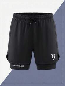 1pc Men's Summer 2-In-1 Sports Shorts, Fitness Shorts, Running Anti-Chafe Lined Shorts Set - Black - View 6