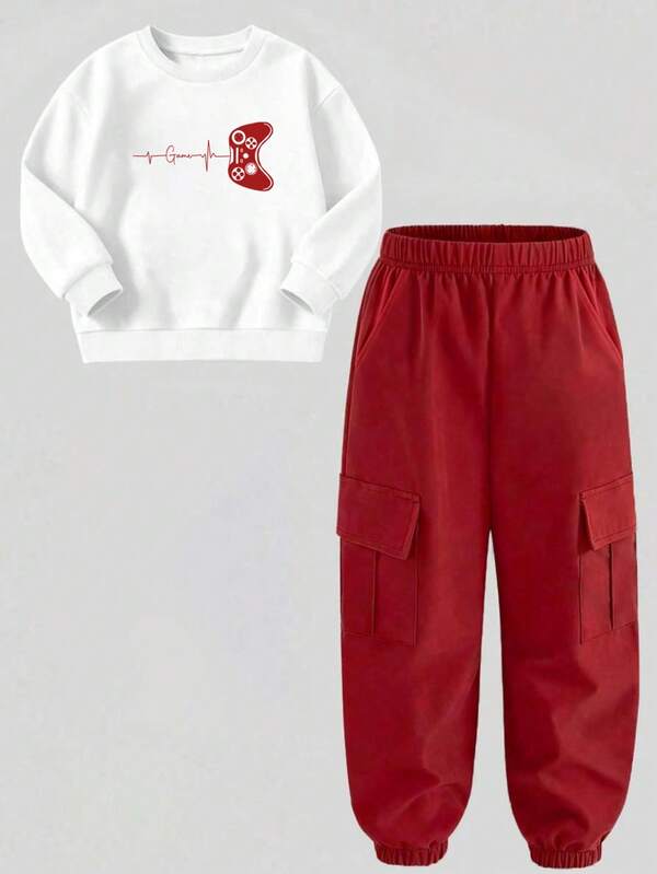 Toddler Game Console Pattern Print Warm Crew Neck Sweatshirt And Cargo Pants