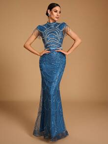 GIFORU Women's Elegant Heavy Beaded & Sequined Mermaid Evening Gown, Formal Evening Dress Fall Wedding Party - Dusty Blue - View 5