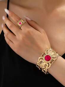 1 Set/2pcs Perhiasan Wanita Set Gelang dan Cincin Asimetris Geometris Terbuka yang Dapat Diatur, Desain Modis dan Berlebihan, Terbuat dari Logam Berongga dengan Batu Permata Imitasi dan Desain Geometris. - Hitam - View 2