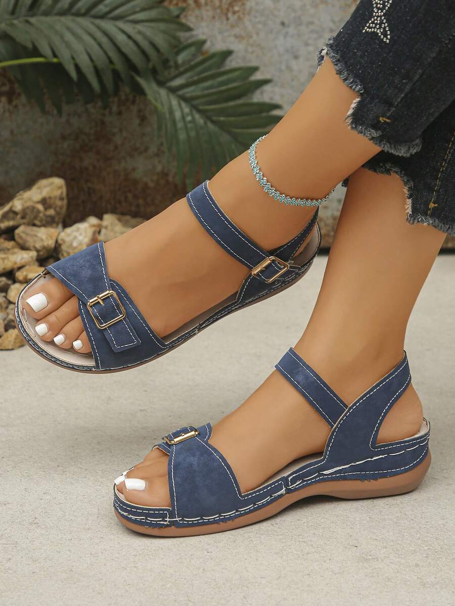 Women's Sandals, Comfortable & Lightweight, Single Buckle Design, Elegant & Fashionable, Suitable For Daily Wear, Summer Blue Sandals - Blue - View 1