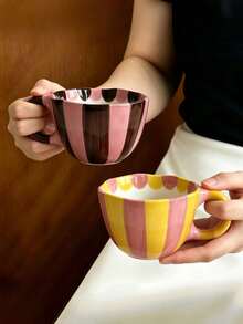 1pc Striped Coffee Mug, Creative Afternoon Tea Cup, Latte Cup, Exquisite Office Water Cup, Minimalist Hand-Painted Cup, Home Cup, Ceramic Cup, Latte Cup, Cup, Home Life Drinkware, Back To School Supplies, Holiday Gift - Multicolor - View 2