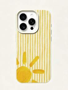 1pc Yellow Striped Sun Pattern Large Hole Leather Texture Pink Shockproof Phone Case, TPU Material, Suitable As Holiday Gift, Compatible With Apple 17/17Pro/17Promax/16/16Pro/16promax/15/15promax/15promax/14/14Pro/13/12/11 Unisex Phone Cover Protective Case - Beige - View 5