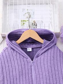 Setelan Rajut Kasual Manis 2 Potong untuk Anak Perempuan: Jaket Pendek Berkerudung Bergaris Ungu dengan Resleting + Rok Pendek Berumbai Dua Lapis dengan Pinggang Elastis, Musim Semi/Musim Gugur - Purple - View 4