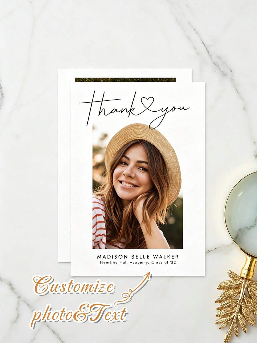 Customizable Photo & Text Graduation Thank You Card, Minimalist Handwritten Heart Line White Matte Photo Thank You Card, Thick & Delicate Cardstock, Sturdy & Non-Bending, Top & Bottom Divided Layout With Blank Space, Upload Your Own Portrait Photo, Customize Name, Graduation Year & Thank You Message, Comes With Matching Blank Envelope, Suitable For Graduates, Gift Givers, Banquet Thank You Users, Perfect For Graduation Season Thanking Family & Friends - Multicolor - View 1