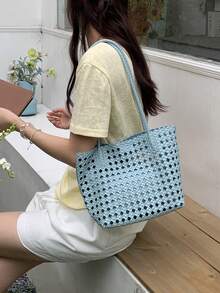 2026 New Hollow Embossed Woven Bag, Women's Shoulder Bag With Small Bag, Large Capacity Bag, Vacation Travel Charm Versatile Leisure Bucket Bag - Blue - View 3