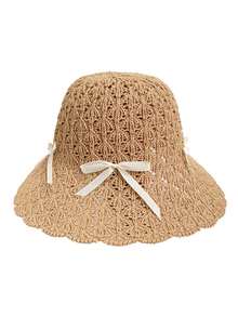 1pc Women's Hollow Woven Sun Hat, Wavy Lace Satin Bow Decor Wide Brim Bucket Hat, Small Breathable Sun Protection Hat, Suitable For Daily Outings - Multicolor - View 6