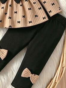 Baby Girl Bow Print Crew Neck Long Sleeve Top And Leggings - Khaki - View 4