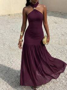 Vestido largo de mujer marrón con cuello halter | Vestido de fiesta con hebilla de metal, cintura fruncida y bajo con volantes - Morado - Ver 1