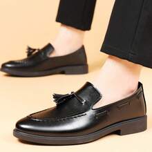 Men Tassel Decor Dress Shoes, Vintage Brown Dress Loafers For Wedding - Black - View 6