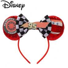 Disney Red Sequin Racing Tire Face Print Black & White Checkered #95 Bow Racing Cartoon Mickey Ears Headband - View 8