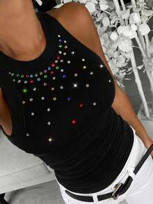 ChicMe Atasan Tank Top Wanita Model Racerback Bergaris dengan Hiasan Rhinestone Warna-warni, Kerah Bulat, Potongan Slim Fit, Atasan Camisole Rajut Bergaris untuk Pesta, Pakaian Sehari-hari, Streetwear Kasual - Hitam - View 6