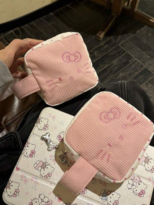 Sanrio Hello Kitty Corduroy Makeup Bag, Pink Heart Print Mini Square Cosmetic Bag, Cute Embroidered Storage Wallet, Can Hold Lipstick And Coins