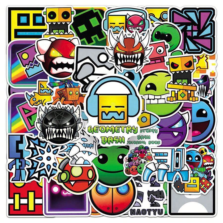 50pcs Geometry Dash Parkour Game Funny MEME Graffiti Gift Stickers, Vinyl Waterproof Stickers, Suitable For Journals, Computers, Scrapbooks, Suitcases, Water Bottles, Phones - Multicolor - View 1