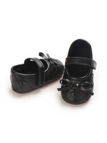 Black Quilted Bow Mary Jane Infant Shoes, Hook And Loop Soft Sole Anti-Slip Pre-Walker Shoes For Newborn Girls, Princess Style Leather Shoes - Black - View 5
