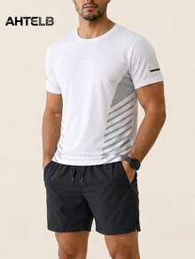 Conjunto deportivo de 2 piezas para hombre AHTELB de verano con sensación de hielo, top de seda de hielo suave con cuello redondo, pantalones cortos elásticos de secado rápido, ajuste holgado y cómodo, atuendo deportivo casual, adecuado para deportes al aire libre diarios, ocio y desplazamientos, regalo para esposo, novio, amigo, cliente, padre, conjunto de 2 piezas para hombre, ropa de gimnasio para hombre, gimnasio - Blanco - Ver 5