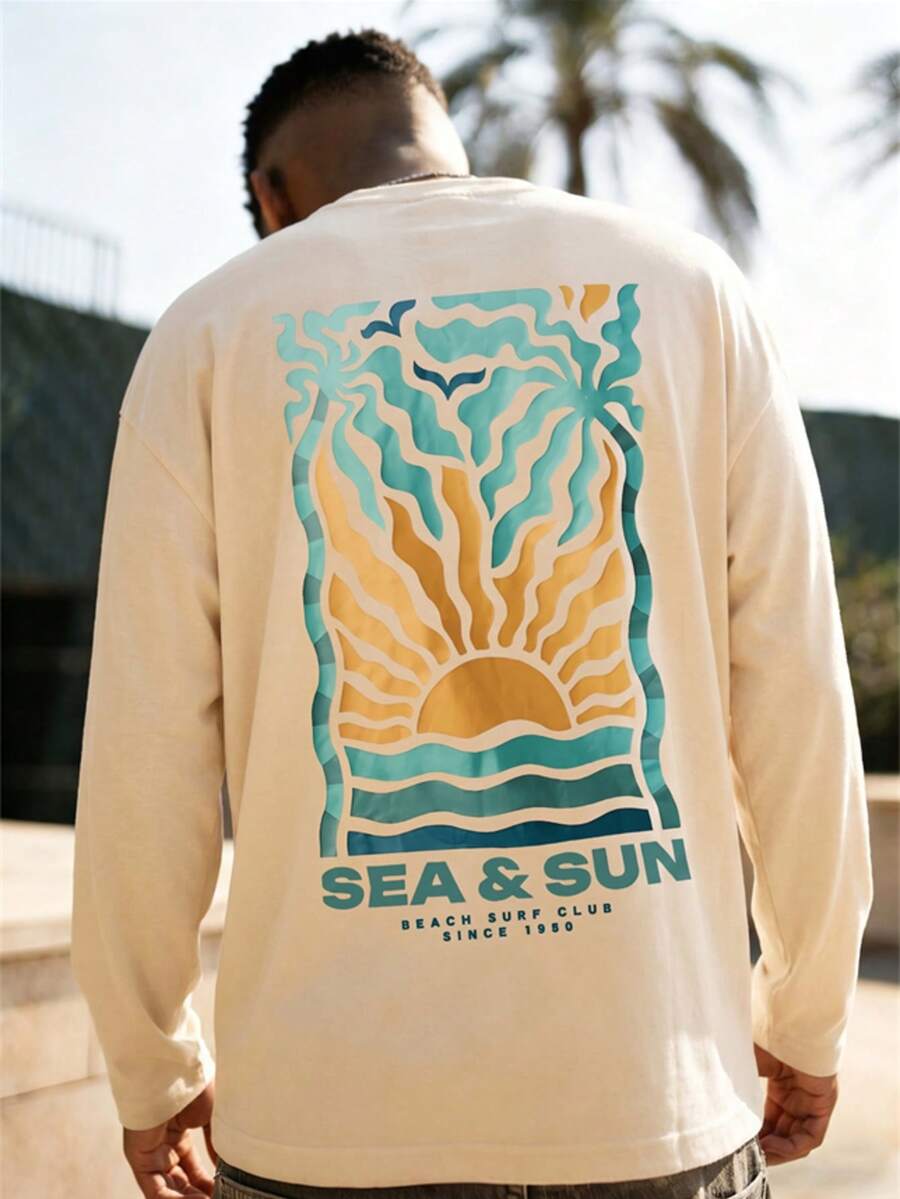 SEA&SUN Wave Sunrise Palm Tree Loose Long Sleeve T-Shirt Men Spring Autumn Apricot Beach Vacation Base Layer