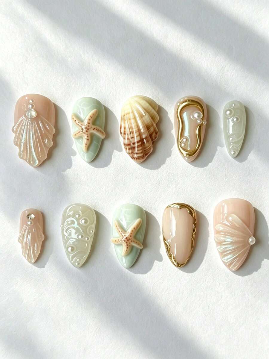10片裝清新優雅復古手繪水波紋貝殼圖案 3D浮雕海星珍珠水滴金框短杏仁形穿戴甲 夏季度假風雕花手工穿戴美甲 - 彩色 - 查看 1