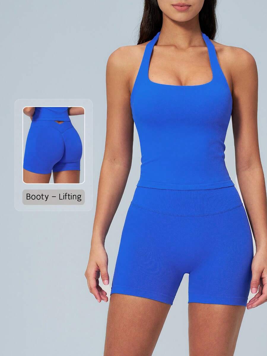 NcmRyu Women's One Set Solid Color Square Neck Halter Backless Tank Top With V-Shaped Hip-Lifting Shorts Sports Suit - Blue - View 1