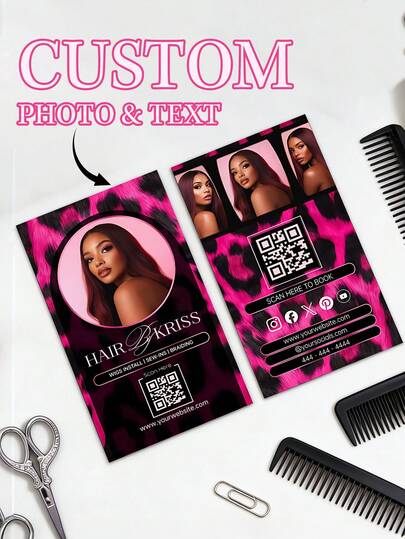 200/500/1000pcs Customized Double-Sided Business Cards, Single Person + Multiple Photo Portrait Layout, Pink Black Leopard Print Border, Hairstylist Marketing Card, Beauty Professional Business Card, Salon Traffic Card, Freelancer Business Card