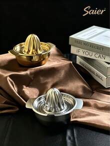 2pcs Gold/Silver Round Stainless Steel Thickened Manual Juicer, Double Layer With Filter Mesh Juice Separator Design, Convenient And Fast Extraction Of Fruits/Vegetables And Other Ingredients, Easy To Clean, No Noise, Simple Operation With High Efficiency, Compact Design, Easy To Store, Kitchen Utensil. Comes With Box, Protects Product, Outdoor Party, Family Gathering, Holiday Gift, Iced Drink Making - Multicolor - View 5