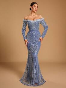 GIFORU Haze Blue Off-Shoulder Pearl Beaded Long Sleeve Mermaid Evening Gown, Butterfly Wing Radial Sequin Rhinestone Embroidery Fitted Slimming Fall Wedding - Dusty Blue - View 4