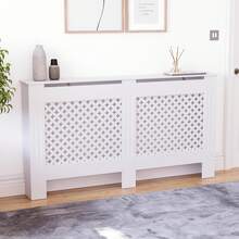Home Discount Vida Designs Oxford White Radiator Cover Heat Protection Adjustable Cross Pattern Design With Wooden Shelf Top Display Hallway MDF Cabinet Easy To Install - White - View 12