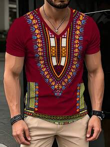 Camiseta de manga corta con cuello en V y estampado geométrico de dashiki africano color burdeos para hombre, estilo bohemio ligero para playa y vacaciones casual - Multicolor - Ver 3
