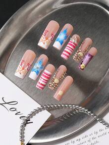 24pcs Medium Long Trapezoid Nail Stickers, Hot Summer Style, Nude Pink Gradient Color For Youthful Look, Removable And Reusable, Easily Create American Y2K Sweet Girl Nails, Suitable For Fair And Dark Skin Tones - 彩色 - 查看 3