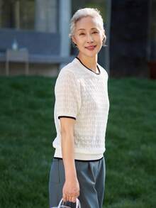 女款時尚鏤空針織短袖上衣，優雅休閒針織T恤，適合萬聖節、感恩節、聖誕節及週末穿搭 - 白色 - 查看 3