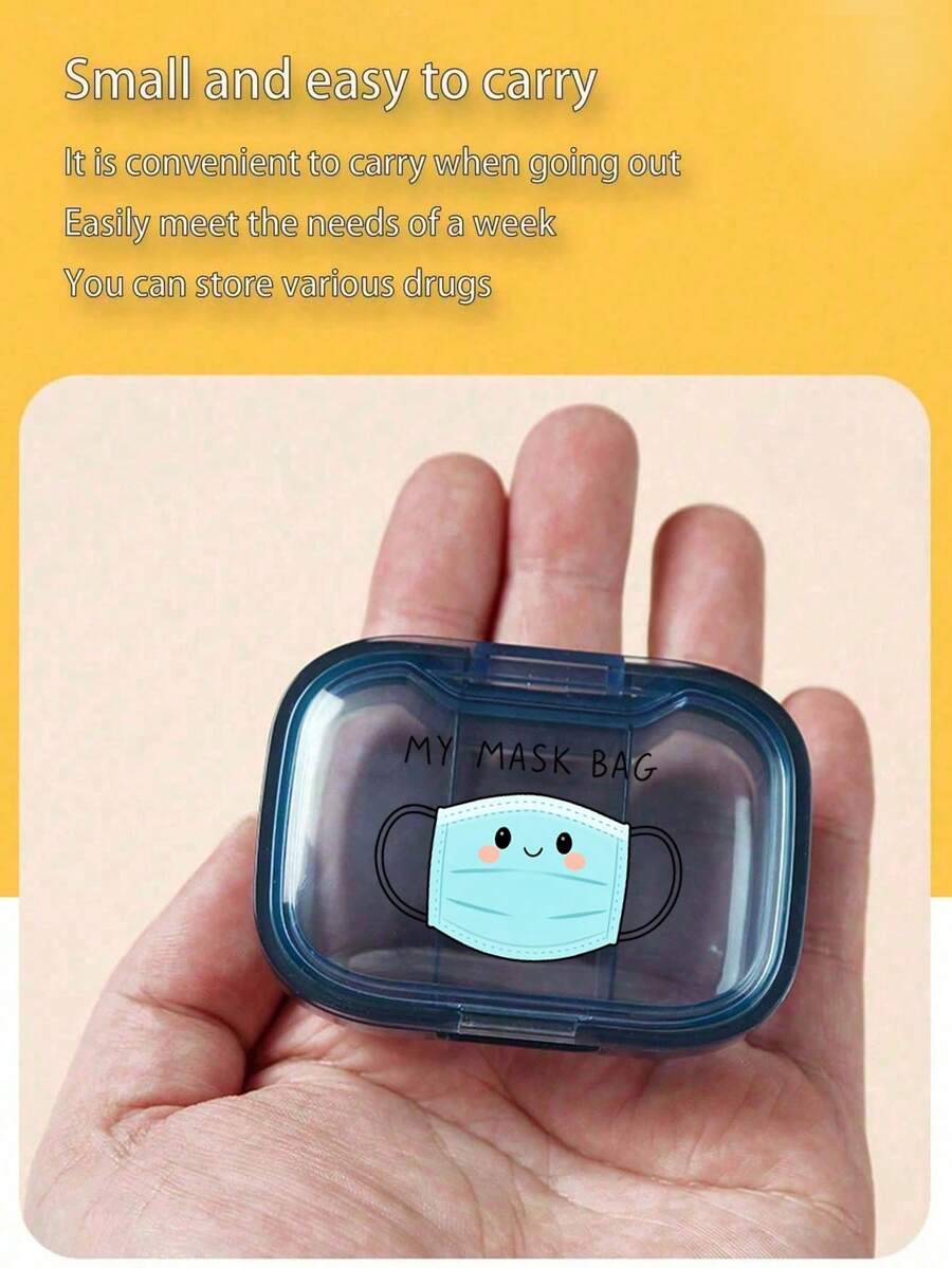 Vigour Summer Medical Bag With Cute Mask Pattern And "Medicine" Lettering, Portable Minimalist Pill Storage Box, 3 Compartments, Suitable For Home And Travel, Waterproof And Moisture-Proof Mini Pill Container, Suitable For Storing Medication, Rings And Other Small Items, Applicable For Various Scenarios Such As Travel Storage, Travel Container, Travel, Office, Etc.