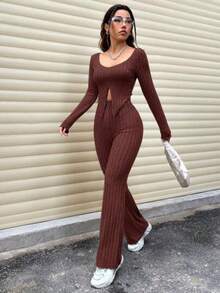 Unity Women's Long Sleeve Ribbed T-Shirt And Pants Set With Split Hem Design - Whole Grain Coffee - View 1