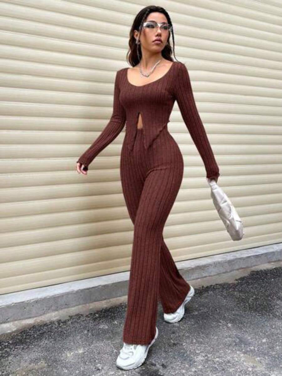 Unity Women's Long Sleeve Ribbed T-Shirt And Pants Set With Split Hem Design - Whole Grain Coffee - View 1