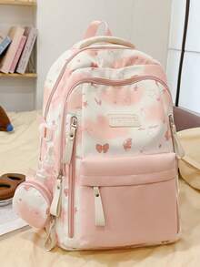 Designed Backpack Fresh Macaron Color Scheme School Bag For Female Students Korean Campus Style. Large Capacity Layered Design Can Easily Store Laptop, Textbooks And Daily Items, Front Pocket And Side Pocket Organized. Thoughtfully Includes Matching Printed Round Coin Purse, Perfect For School Commute, Weekend Outings Or Short Trips. No Pendant. - Multicolor - View 10
