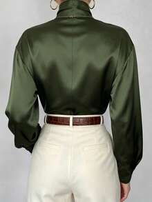 Atasan Wanita Elegan Warna Polos Kerah Tinggi Lengan Panjang Kasual Minimalis untuk Musim Semi/Gugur - Dark Green - View 4