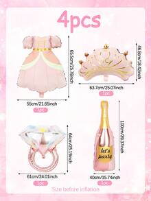 4pcs Princess Party Balloon Set, Includes Princess Crown And Princess Dress Foil Balloons, Colorful Diamond Balloons, Champagne Balloons, Suitable For Princess Theme Party, Birthday, Wedding, Anniversary, Princess Style Atmosphere Decoration, Pink Scene Decoration, Gender Reveal Party, Girl Birthday, Princess Birthday - Multicolor - View 7