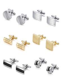 2/6 Pcs Men's Cufflinks Silver Black Cufflinks Premium Steel Jewelry Elegant And Classy Set Ideal For Wedding, Party, Ceremony - Multicolor - View 9