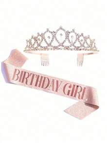 1 Set de Diadema con Corona de Strass y Tirante para Hombro Rosa para Niña Cumpleañera, Accesorios para Fiesta de Cumpleaños - rosa - Ver 2