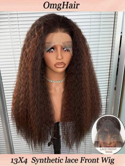 Brown Highlight 13x4 Synthetic Lace Front Wigs For Women 22 Inch Medium Long Wavy Glueless Resistant Hair Wigs Middle Part 150% Density Ready To Wear For Daily Party Festival Holiday Use Beginner Friendly Wigs
