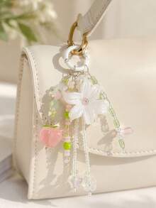 1pc INS Fairy Style Iris Flower Bag Charm, Peach Beaded Keychain, Cute Tassel Phone Lanyard, Aesthetic Wallet Pendant - Multicolor - View 1