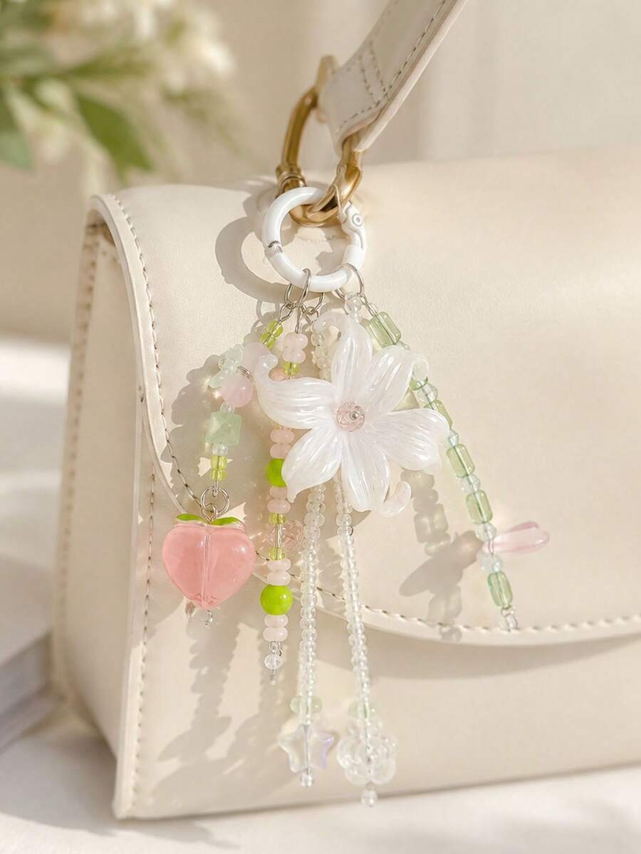 1pc INS Fairy Style Iris Flower Bag Charm, Peach Beaded Keychain, Cute Tassel Phone Lanyard, Aesthetic Wallet Pendant - Multicolor - View 1