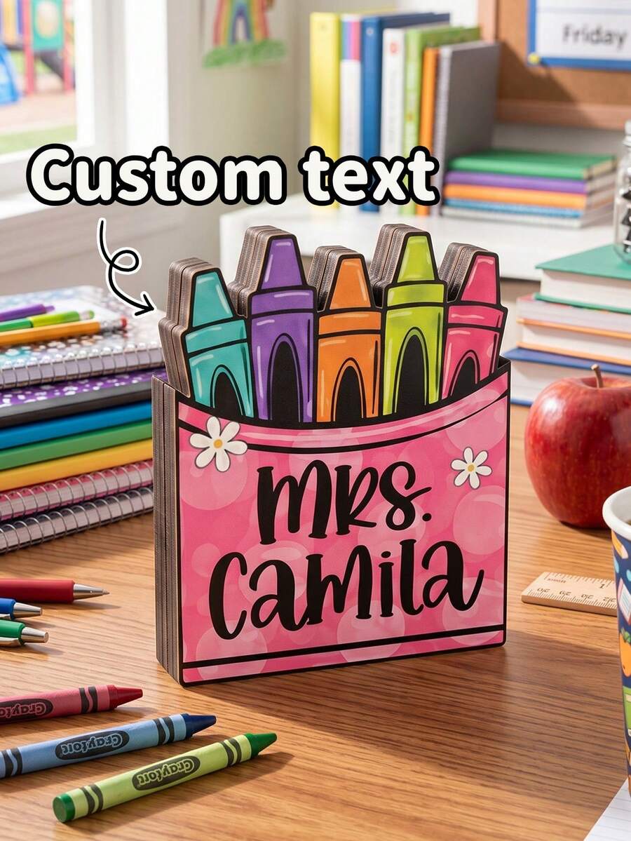 1pc Customized Teacher Name Crayon Box Wooden Desktop Ornament, Cute Pink Bubble Polka Dot Daisy Crayon Holder Tabletop Sign, Personalized Sweet Style Classroom Desktop Decor, Teacher Appreciation Gift, Back To School Season, Freestanding Desktop Sign, Teacher Gift, Office Decoration - Multicolor - View 1