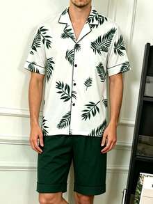 Men's Summer Pajama Set, Lapel Cardigan, Minimalist Leaf Design, Short Sleeve, Shorts, Casual Loungewear - Multicolor - View 1
