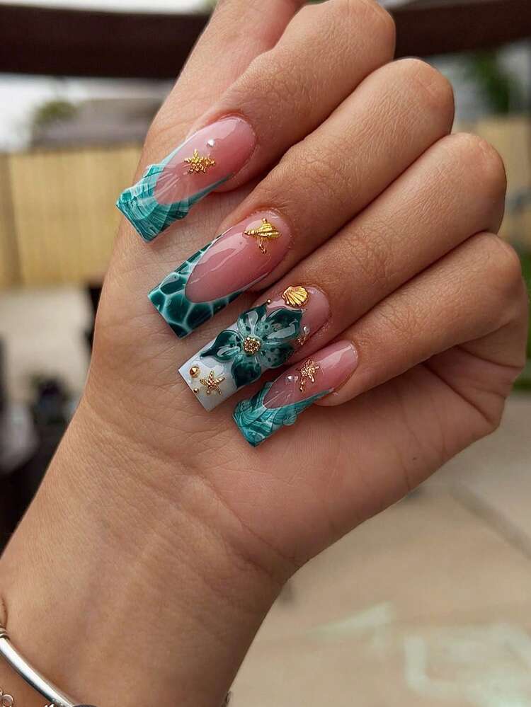 24pcs Coffin Nails, Nude Transparent Blue-Green Water Ripple French Manicure, 3D Dark Green Flower, Starfish, Shell & Gold Decor Fake Nails, Includes Jelly Glue + Nail File, Suitable For Beach Vacation, Atmospheric Hot Girl, Daily Photos - Baby Blue - View 6