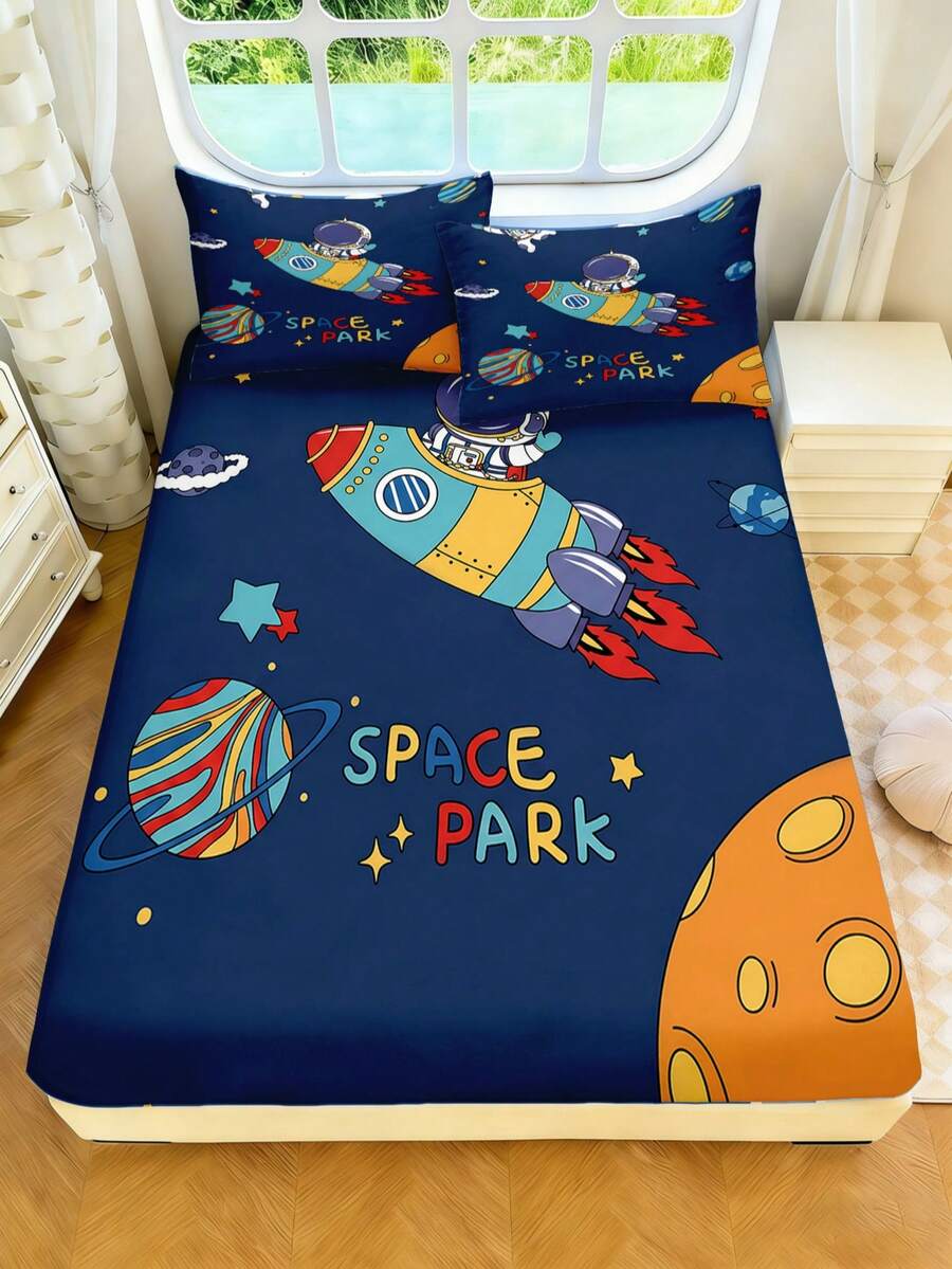 2/3pcs Deep Blue Space Rocket Astronaut Planet Star Print Children's Fitted Sheet, Cool Cartoon Space Theme Style Polyester Fabric Bed Sheet, Suitable For Boys Bedroom Birthday Gift, All Season - Multicolor - View 1